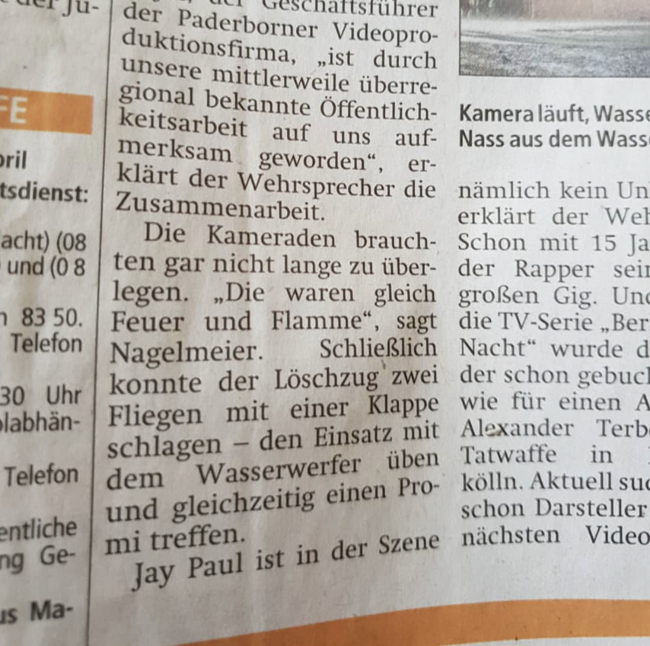 Weiterer Ausschnitt aus dem Zeitungsartikel über den Löschzug beim Musikvideodreh